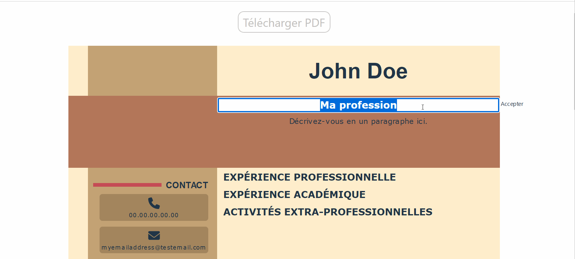 Un screenshot de mon Générateur de CV sous React